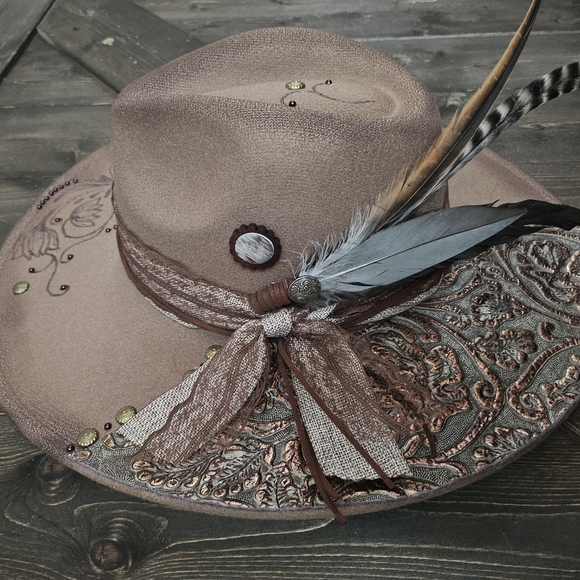 NWT Taupe Hand Burned Dark Fedora Cowboy Hat With Genuine Leather main image 9